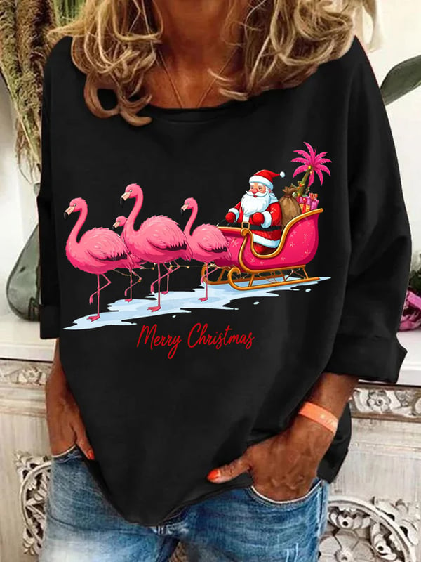 Women's Christmas Flamingo Print Casual Sweatshirt