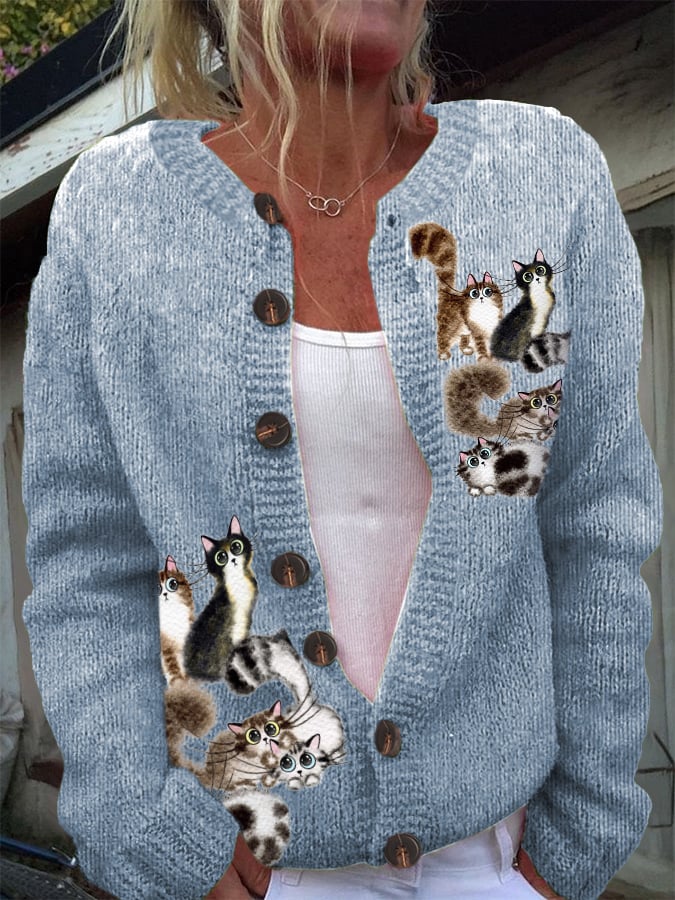 Women's Woolen Cat Print Cardigan