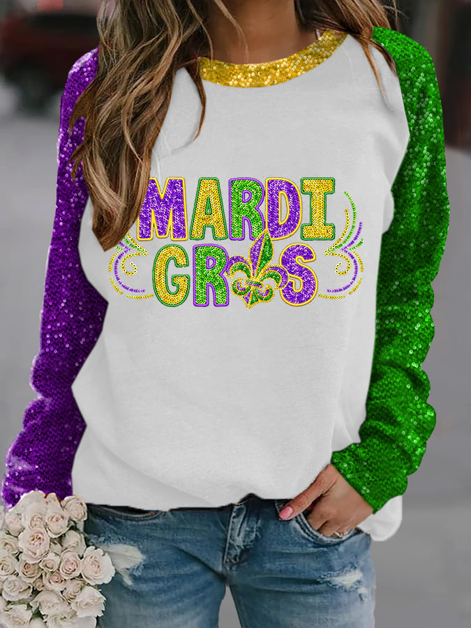 Women'S Retro Mardi Gras Print Raglan Sleeve Sweatshirt