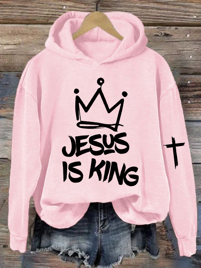 Women's Jesus Is King Cross Printed Casual Hoodie