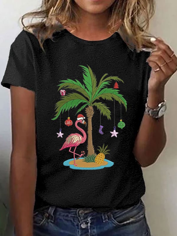 Women'S Christmas Palm Tree Flamingo Embroidery Print Casual Round Neck T-Shirt