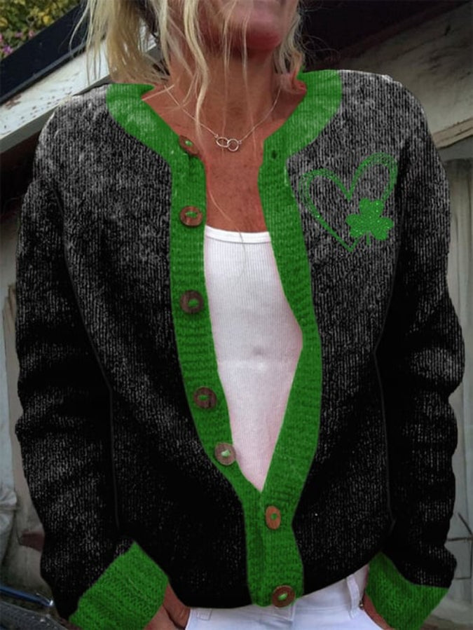 Women's Love Clover St. Patrick's Day Printing Flowers Knit Cardigan