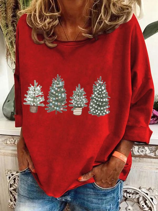 Women's Vintage Christmas Printed Long Sleeve V-Neck Top