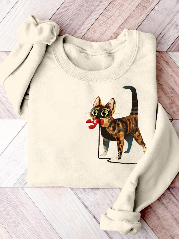 Women's Cat Print Crew Neck Sweatshirt