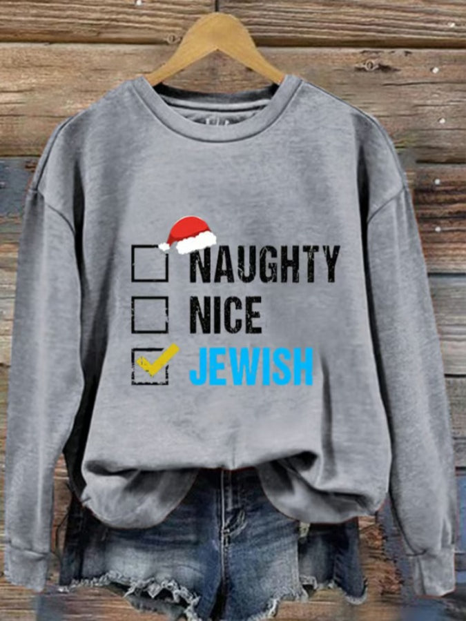 Women's Naughty Nice Jewish Hanukkah Printed Sweatshirt