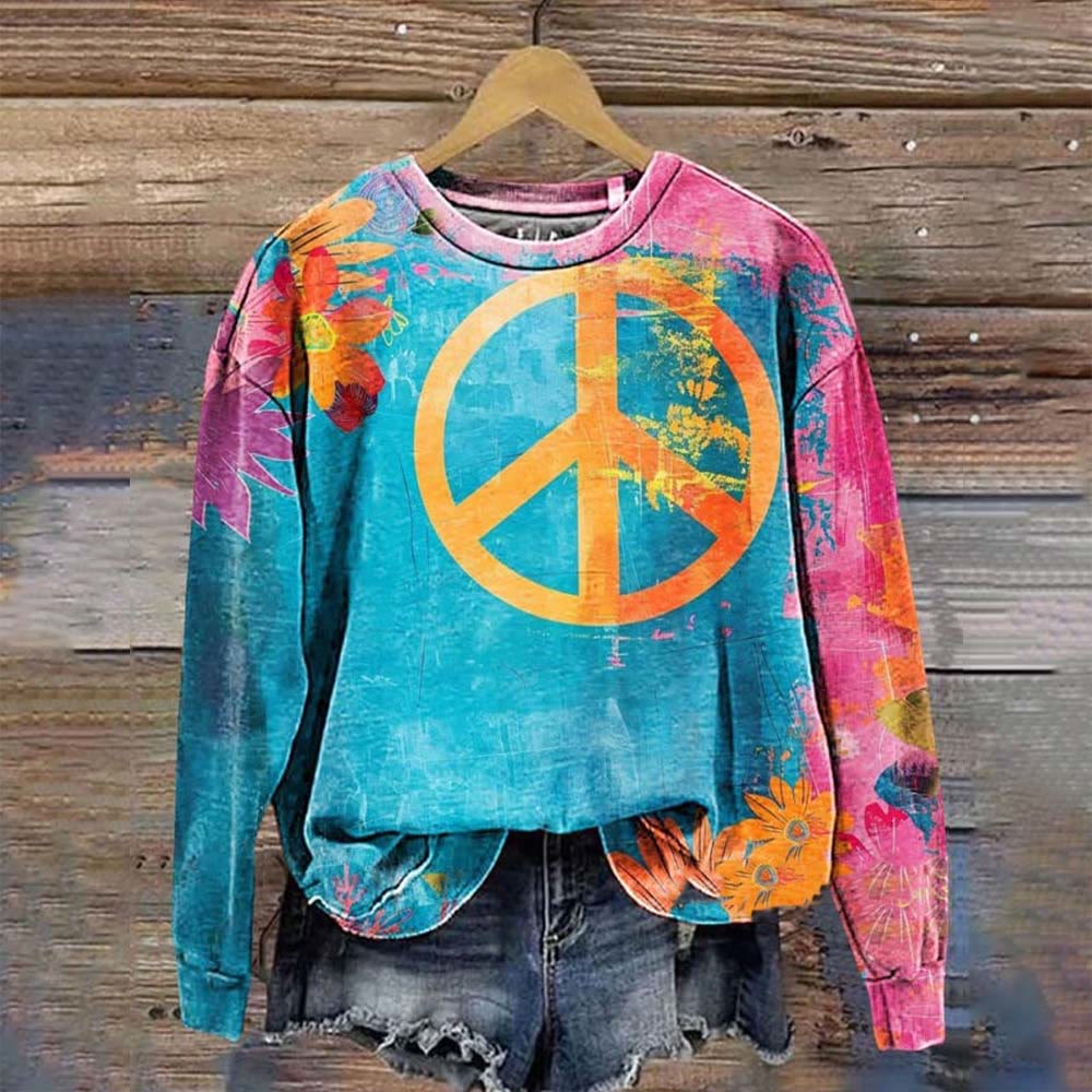 Vintage Love And Peace Flower Art Print Casual Sweatshirt