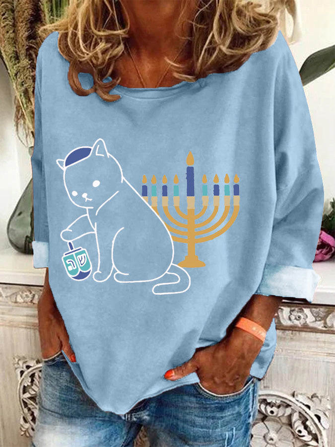 Women's Hanukkah Menorah And Cat Casual Long-Sleeve Top