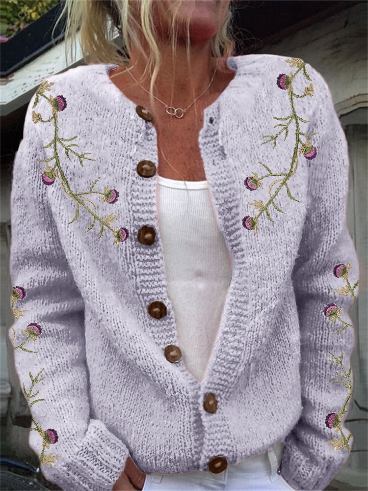 Scotland Thistle Vines Embroidered Cozy Knit Cardigan