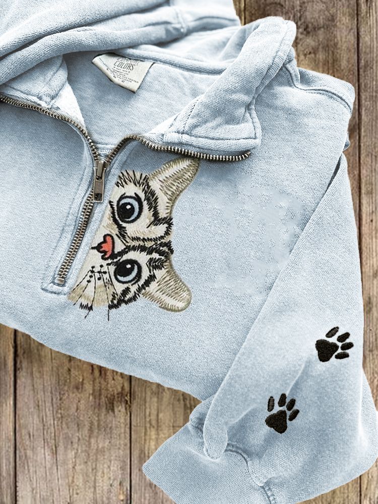 Women's Cat Print Zip-Up Sweatshirt