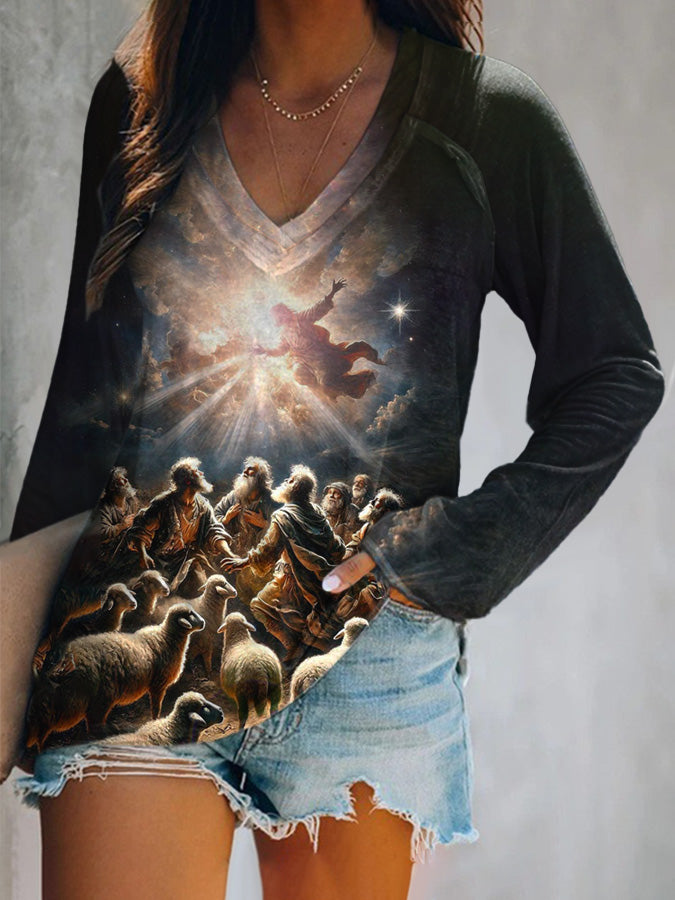 Women's Shepherds In The Fields Print V-Neck T-Shirt