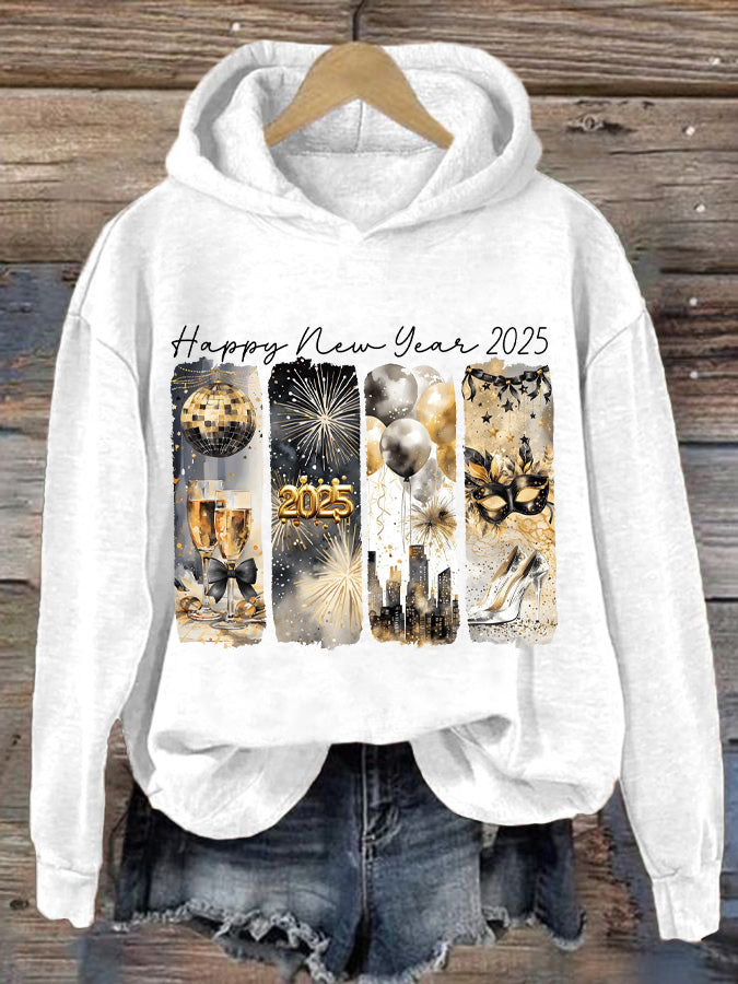 Women's Happy New Year 2025 Gold Glitter Print Hoodie