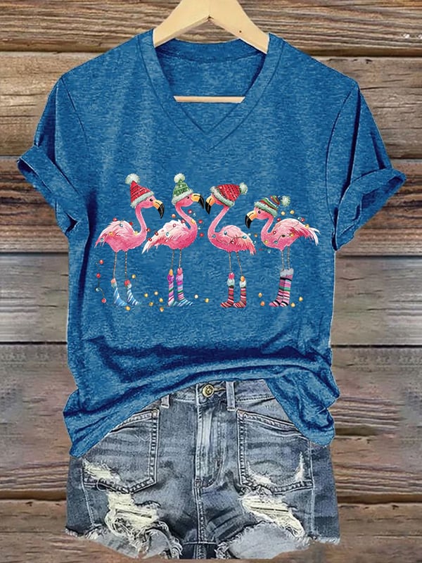 Damen T-Shirt mit V-Ausschnitt und weihnachtlichem Flamingo-Print