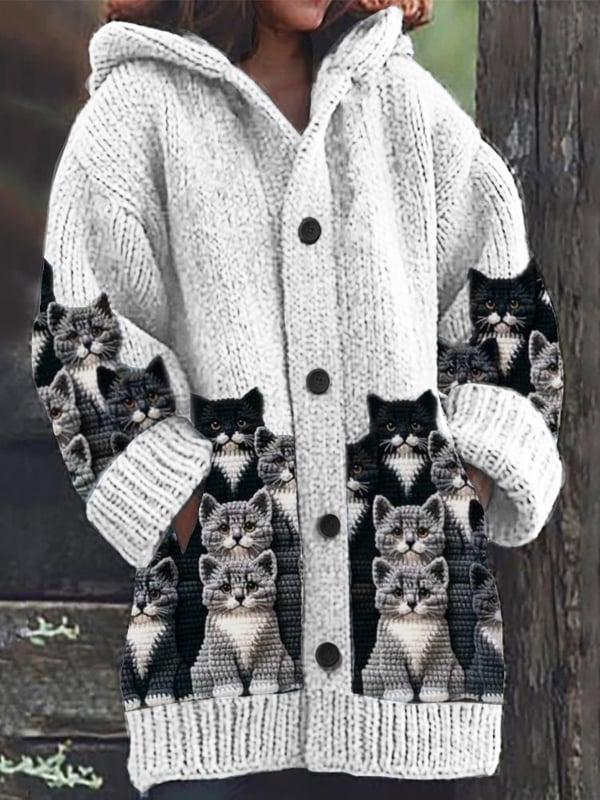 Women's Retro Cat Print Sweater Jacket