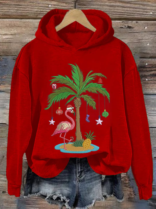 Women's Christmas Palm Tree Flamingo Embroidery Printed Casual Hoodie