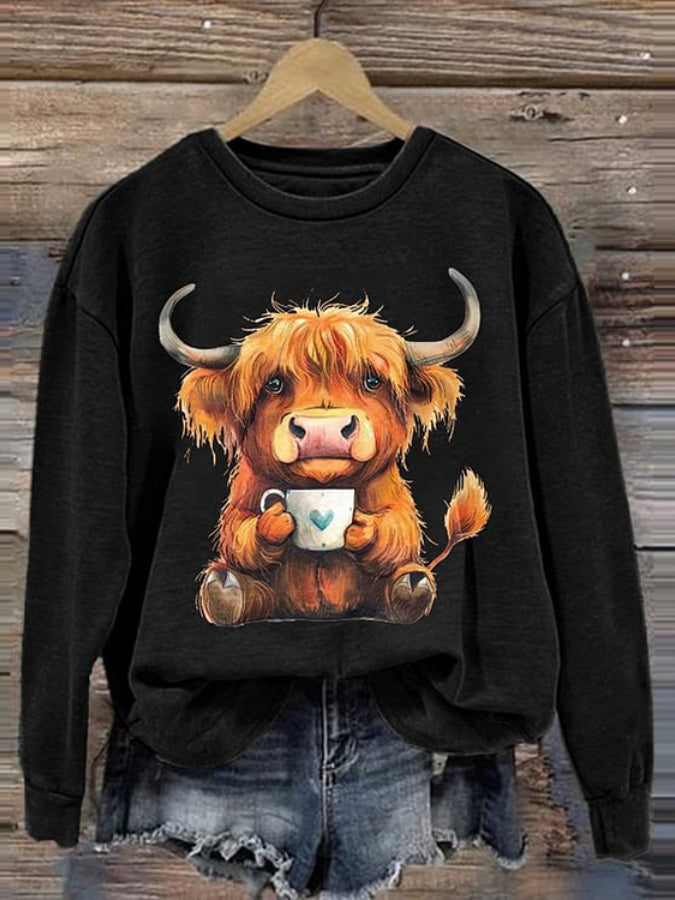 Lässiges Sweatshirt mit Rundhalsausschnitt und Highland Cow-Print für Damen