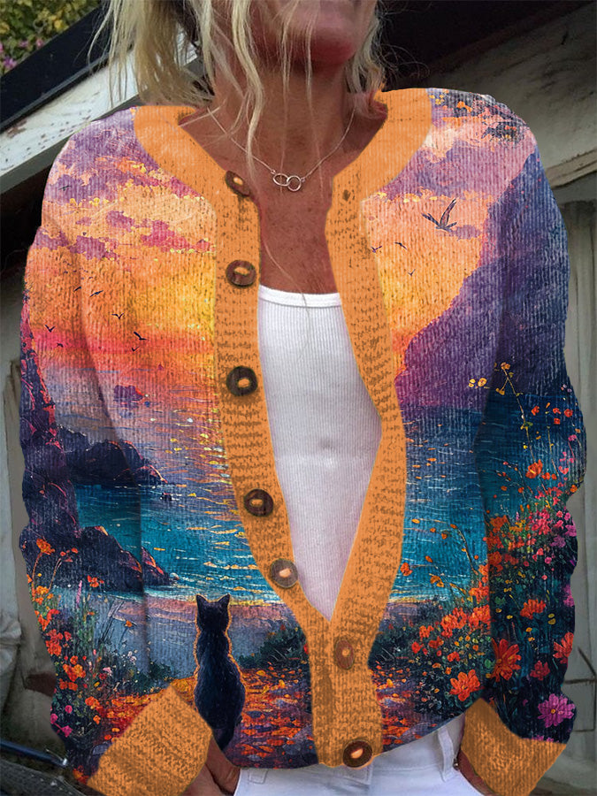 Women's Floral Cat  Art Cozy Knit Cardigan