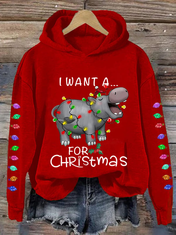 Women's I Want A Cute Hippopotamus For Christmas Holiday Gift Casual Hoodie