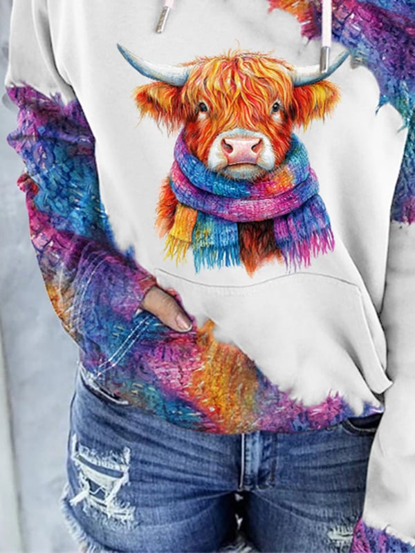 Women'S Highland Cow Print Hooded Sweatshirt