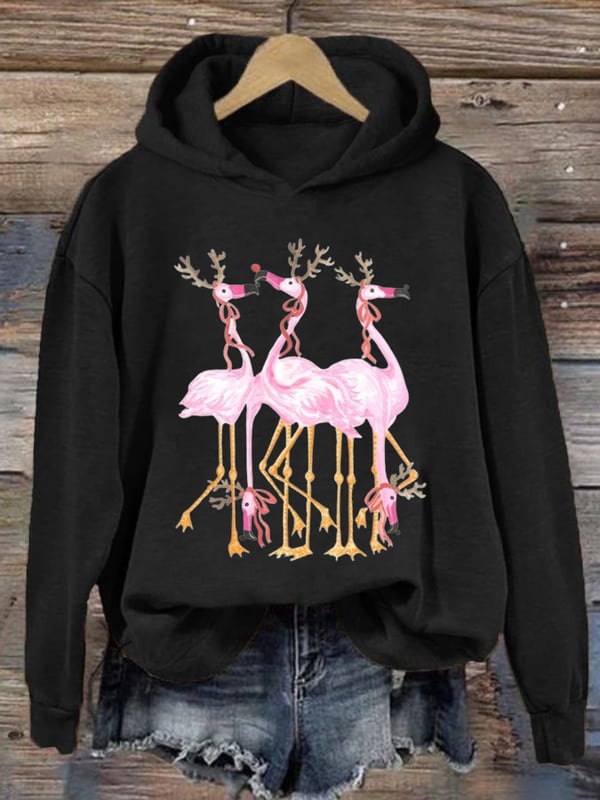 Women's Christmas Flamingo Print Casual Hoodie