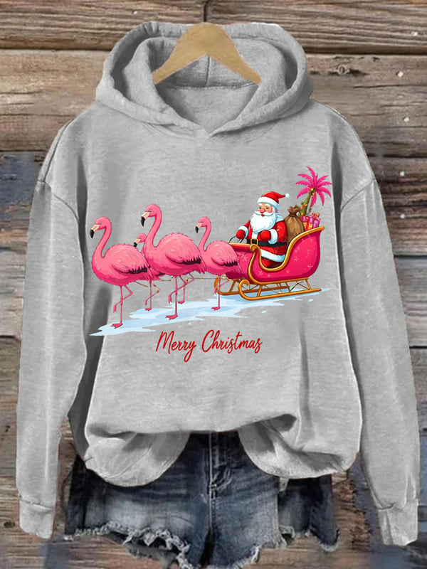 Women's Christmas Flamingo Print Hooded Sweatshirt