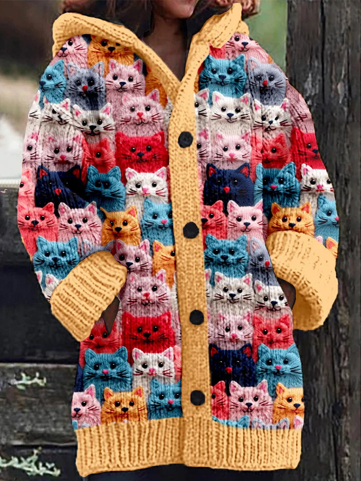 Colorful Spring Cats Pattern Cozy Hooded Cardigan