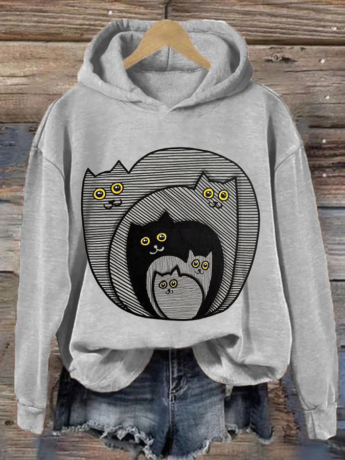 Women's Cat Print Long Sleeve Hoodie Sweatshirt