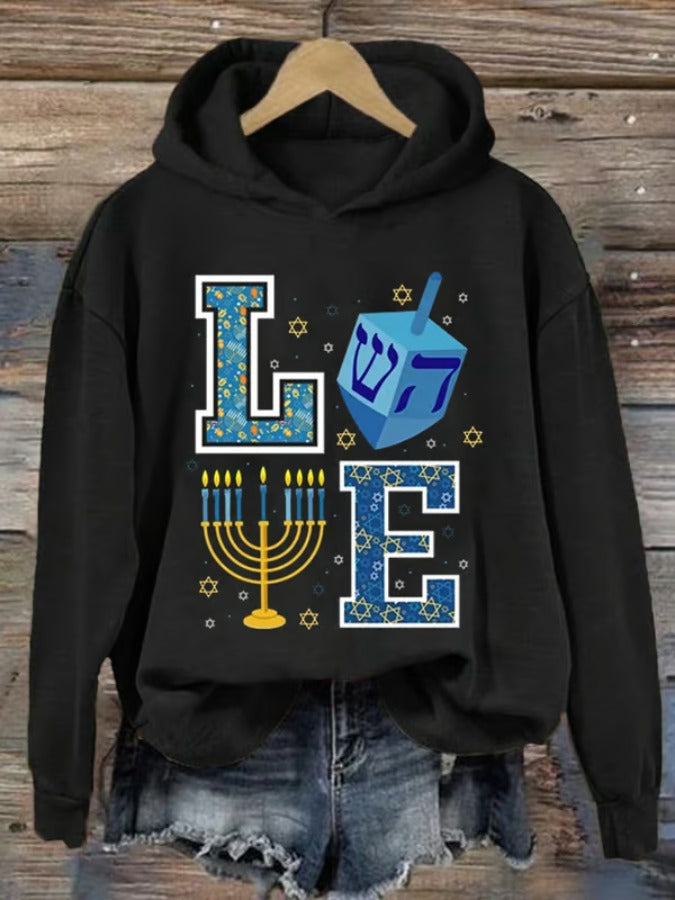 Langärmliges Kapuzen-Sweatshirt mit Aufdruck „Happy Hanukkah“ für Damen