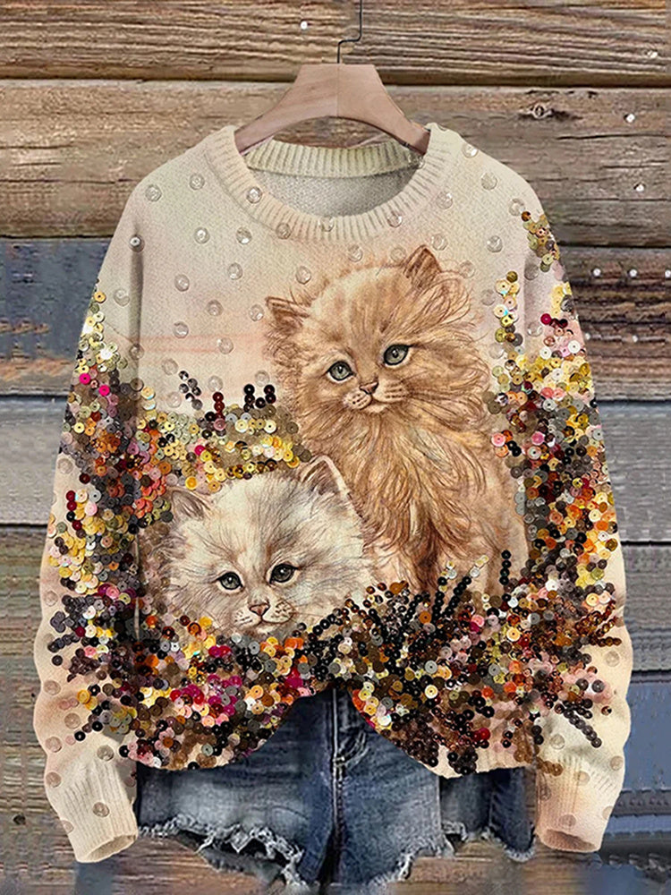 Cute Cat Print Knitted Pullover Sweater