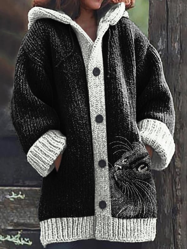 Women's Vintage Cute Cats Print Knitted Hooded Cardigan