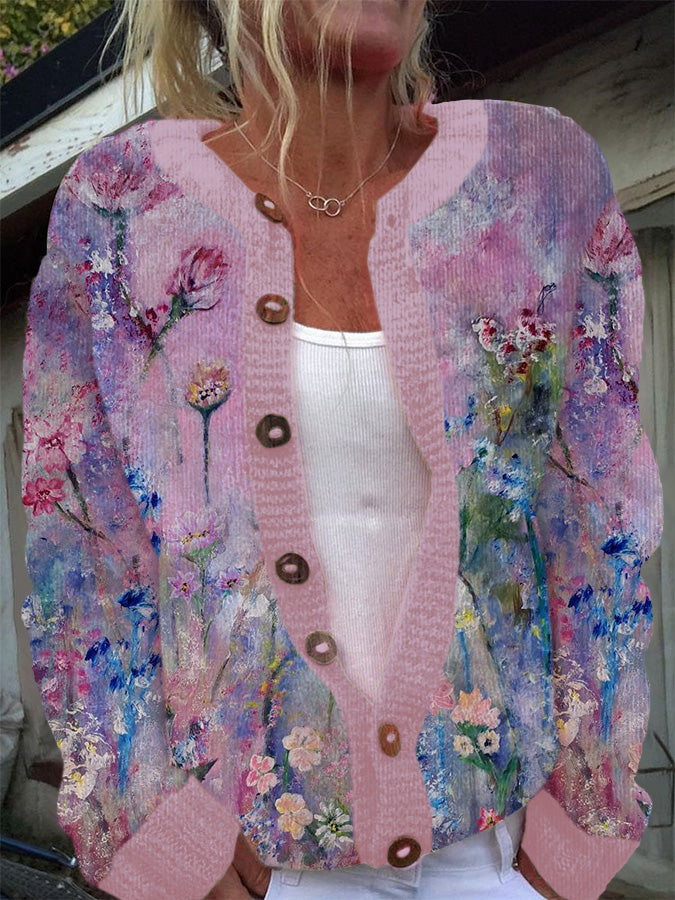 Damen Wildblumen Ölgemälde Kunst Gemütliche Strickjacke