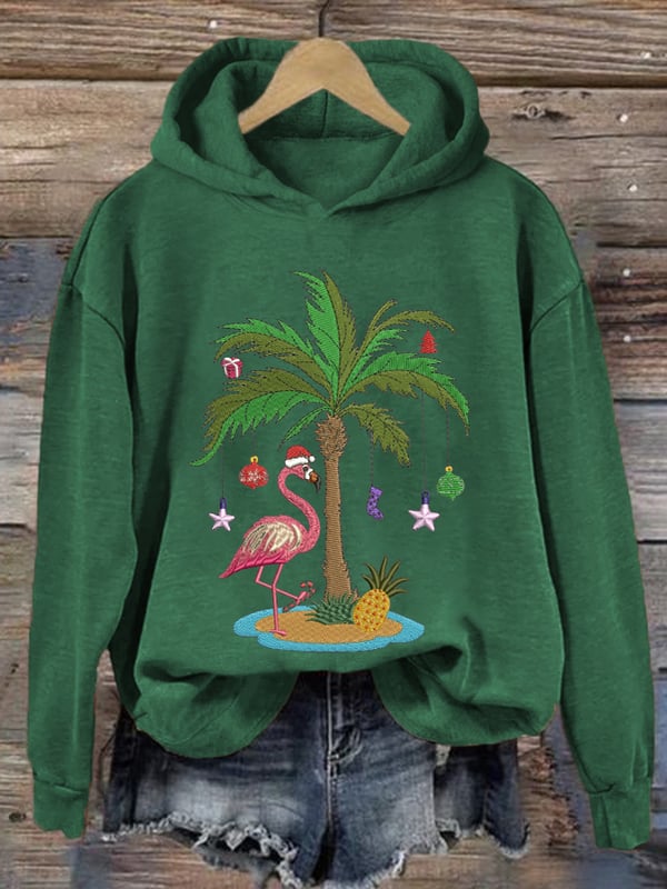 Women's Christmas Palm Tree Flamingo Embroidery Printed Casual Hoodie