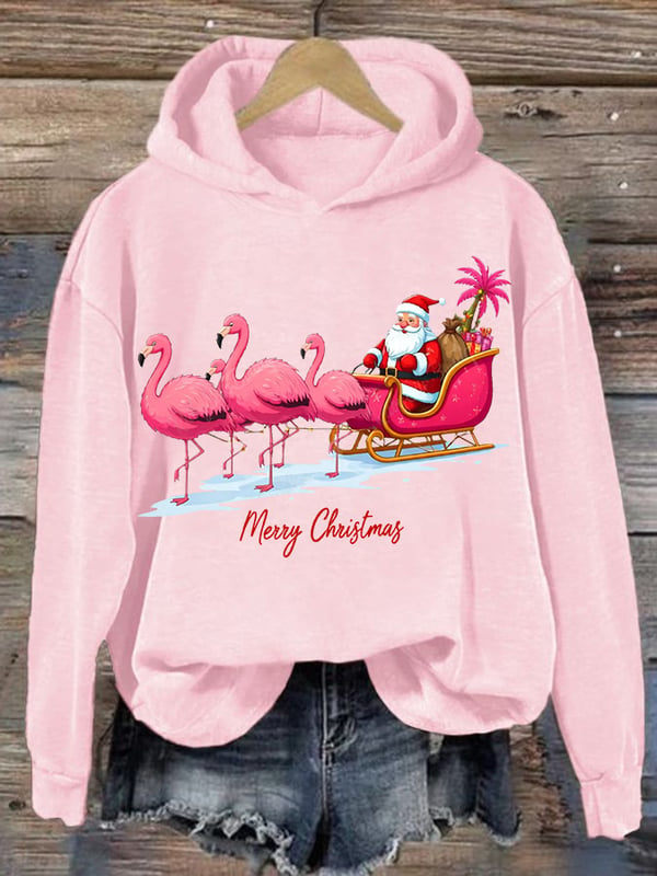 Women's Christmas Flamingo Print Hooded Sweatshirt