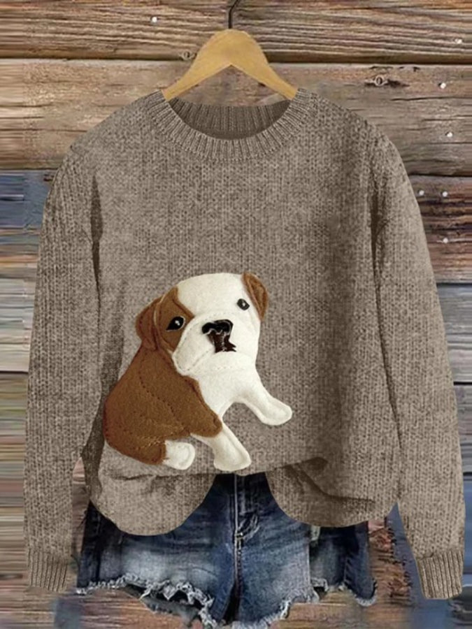 Cute Bulldog Applique Embroidery Cozy Sweater