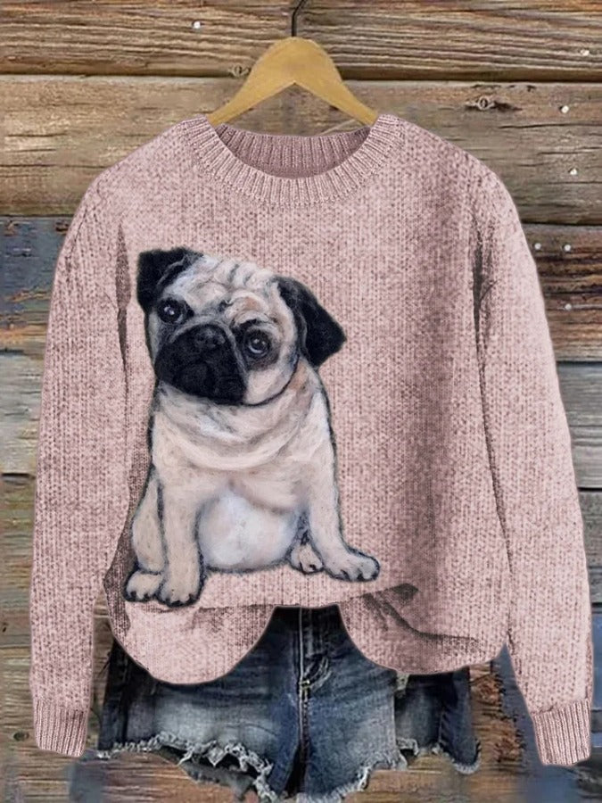 Lovely Pug Dog Wool Art Cozy Knit Sweater