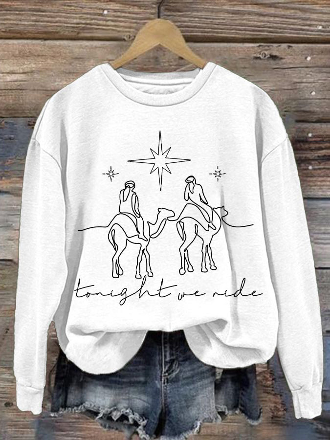 Women's Faith Religious Christmas Tonight We Ride Trip Print Sweatshirt