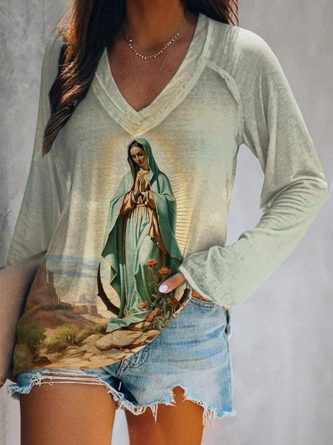 Women's Our Lady of Guadalupe Print V-Neck T-Shirt