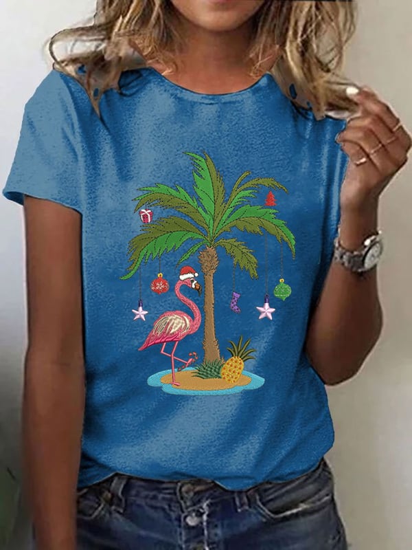 Women'S Christmas Palm Tree Flamingo Embroidery Print Casual Round Neck T-Shirt