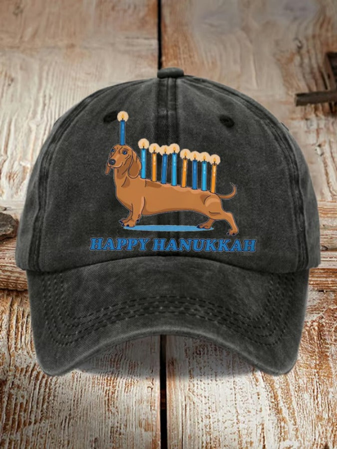 Unisex Weiner Dog Hanukkah Menorah Print Hat