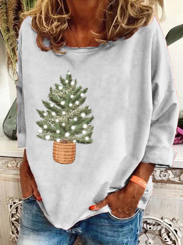 Women's Vintage Christmas Printed Long Sleeve V-Neck Top