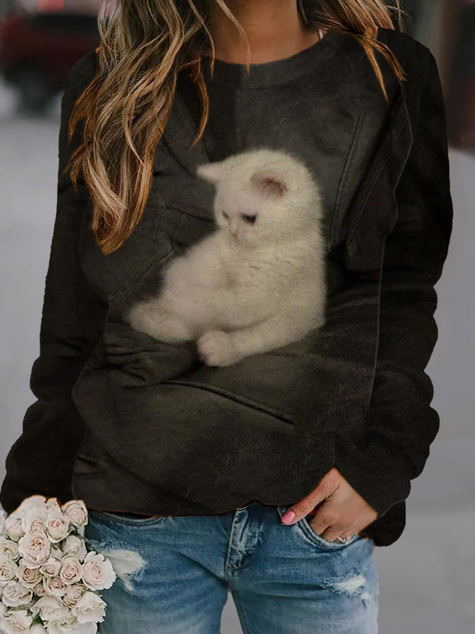 Women's Cat Print Long Sleeve Round Neck Sweatshirt