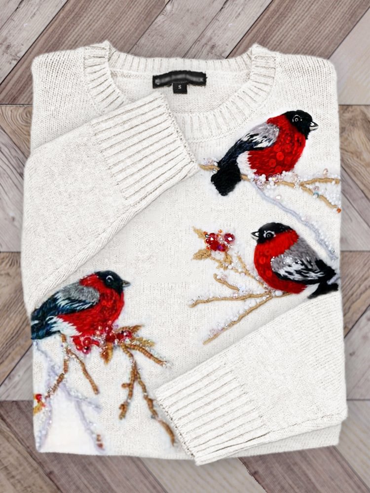 Birds On Berry Branches Glitter Beaded Embroidered Cozy Sweater