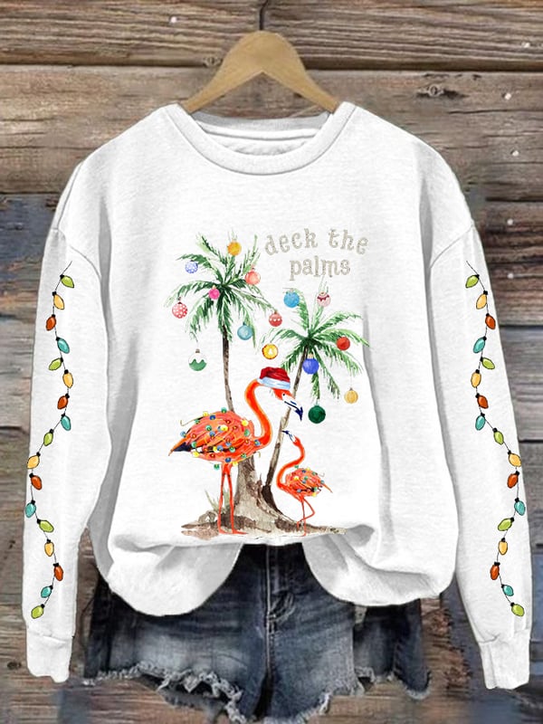 Women's Christmas Deck The Palms Printed Crew Neck Sweatshirt