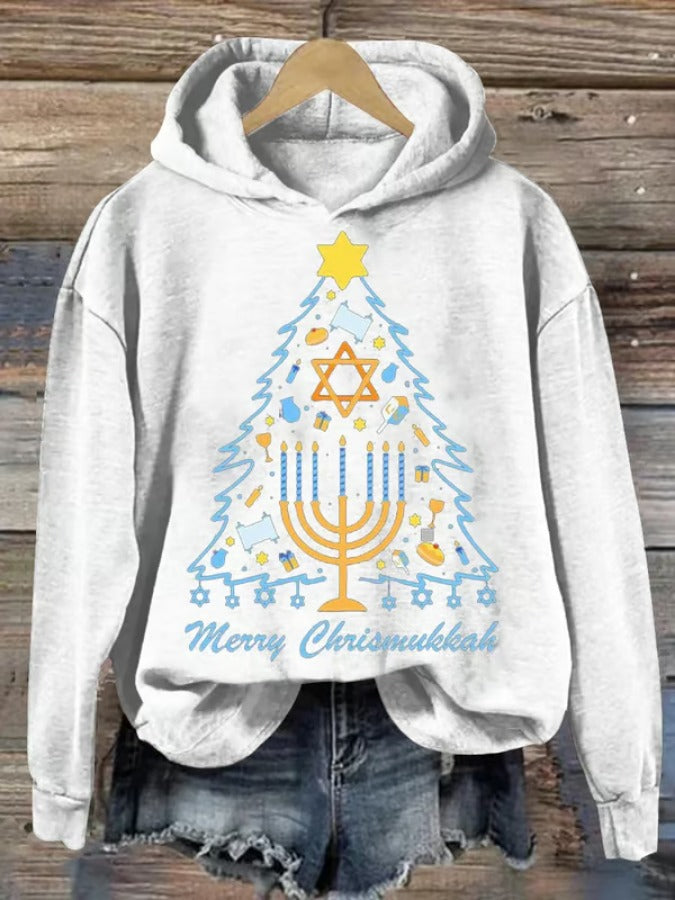 Women's Merry Chrismukkah Hanukkah Print Hooded Sweatshirt