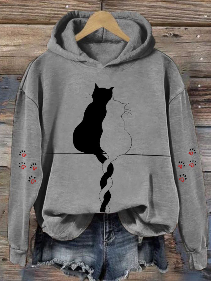 Women's Cat Print Long Sleeve Hoodie Sweatshirt