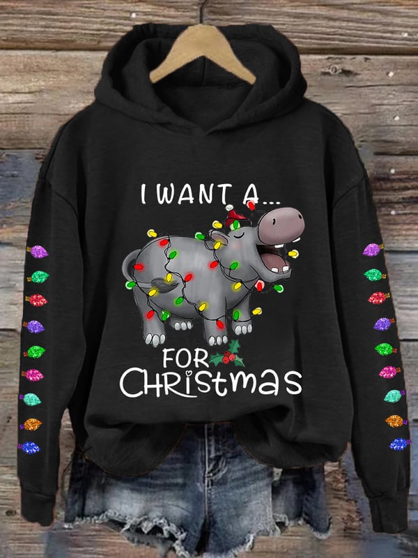 Women's I Want A Cute Hippopotamus For Christmas Holiday Gift Casual Hoodie