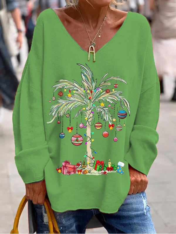 Women's Christmas Palm Tree Printed V-Neck Top