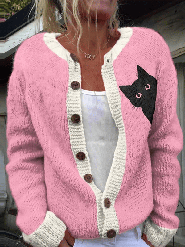 Strickjacke im Vintage-Stil mit Katzenmotiv für Damen