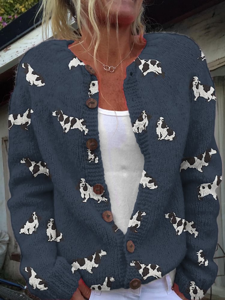 Dog Print Long Sleeve Knitted Cardigan