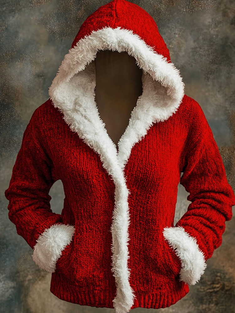 Pelzige Mrs.Santa Weihnachts-Strickjacke mit Kapuze