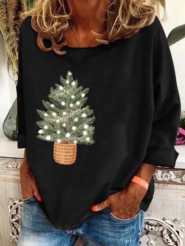 Women's Vintage Christmas Printed Long Sleeve V-Neck Top